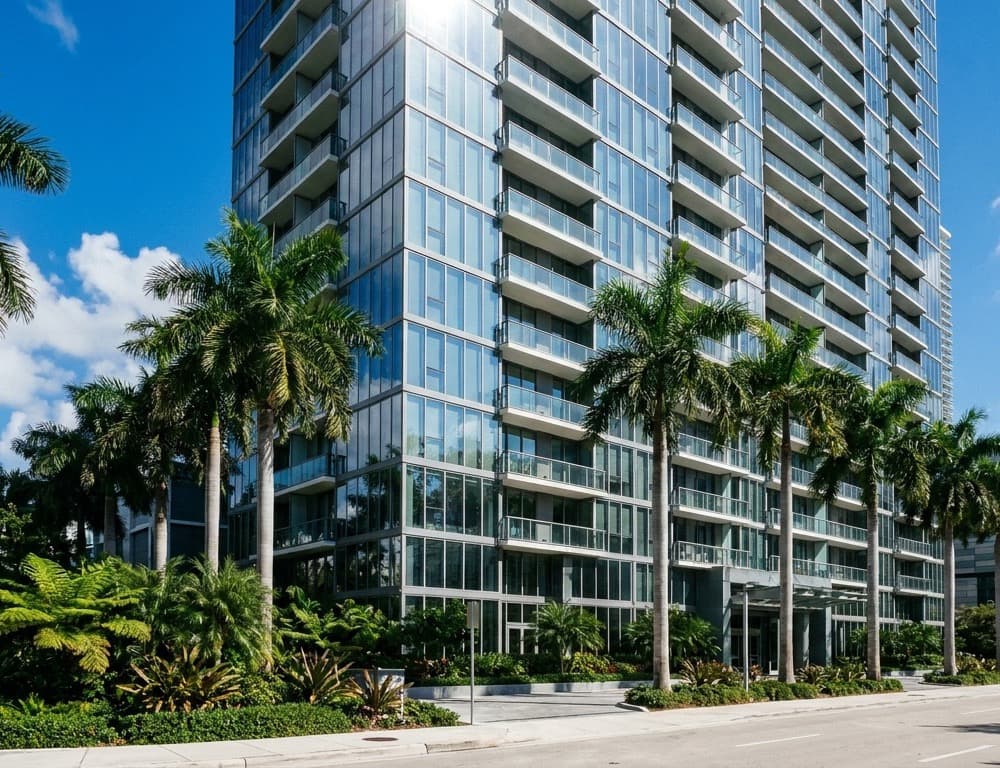 Glass high-rise condominium tower lined with palms in Miami