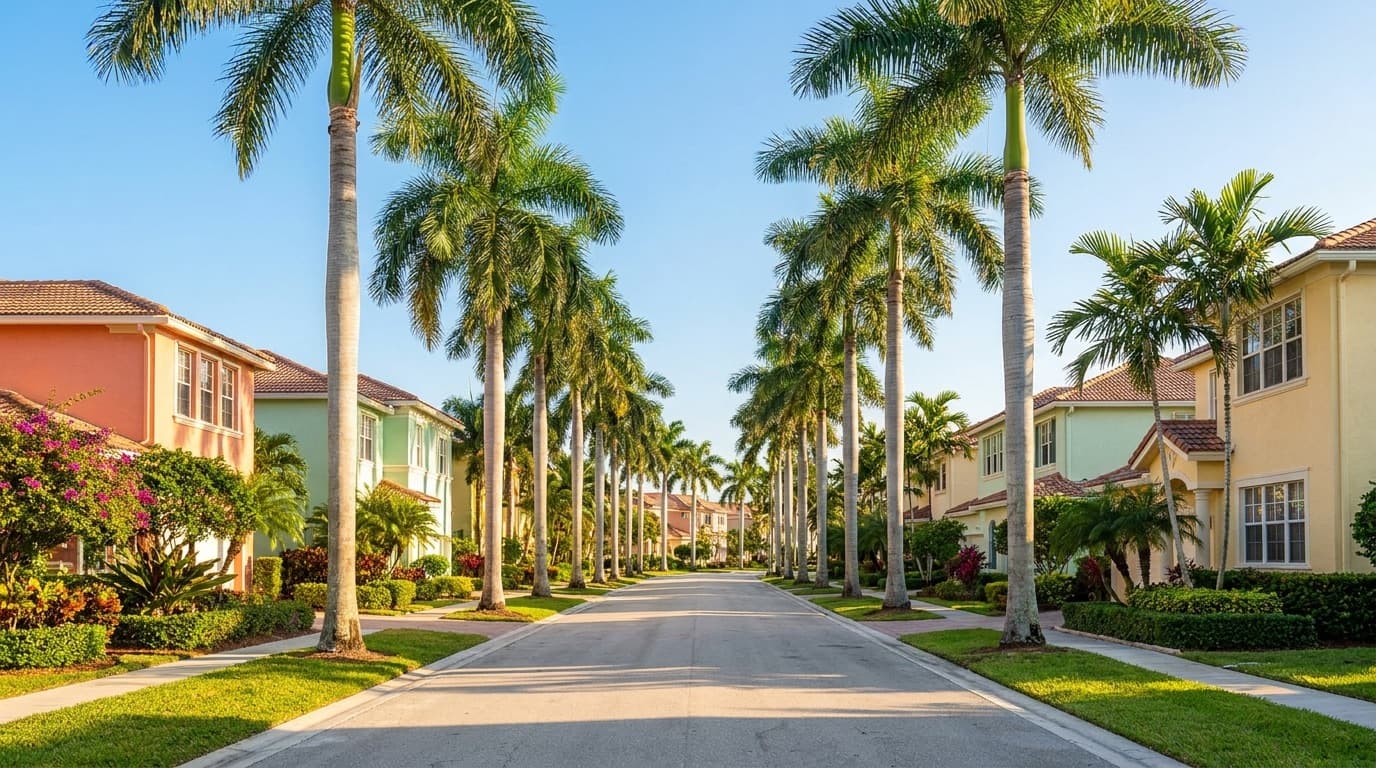 South Florida residential street lined with royal palms